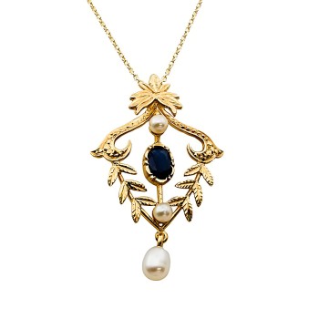 9ct Gold Sapphire/Pearl Pendant with Chain